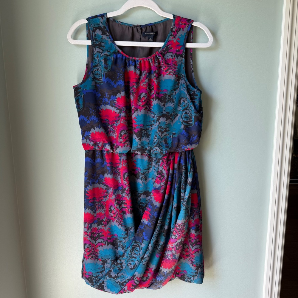 Banana Republic Blue Pink Watercolor Abstract Print Dress Bubble Hem Size 8‎